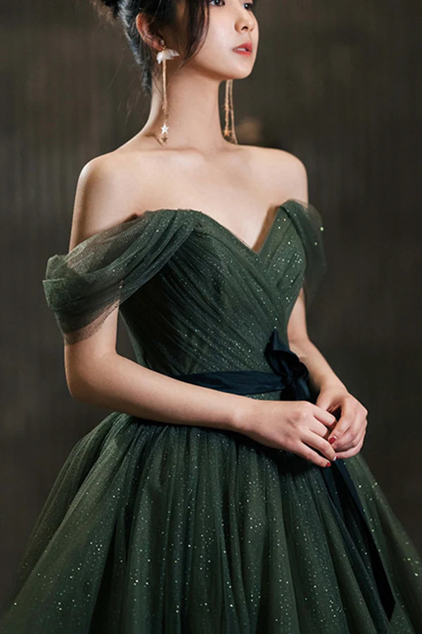 Green Tulle Long Prom Dress Off the Shoulder A-Line Evening Party Dress