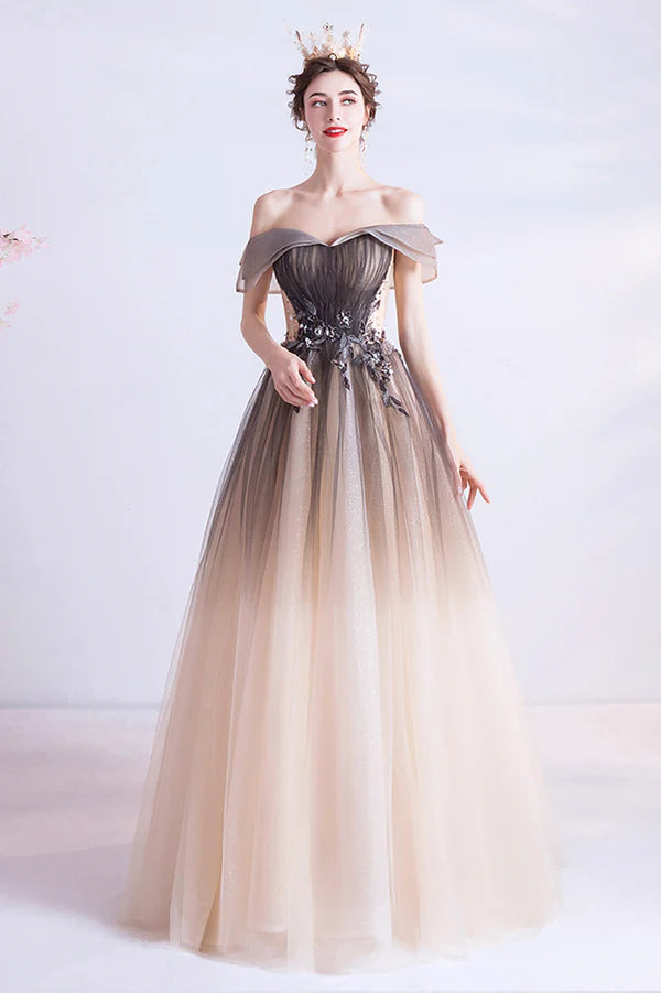 A-Line Gradient Tulle Long Prom Dress Off the Shoulder Evening Dress