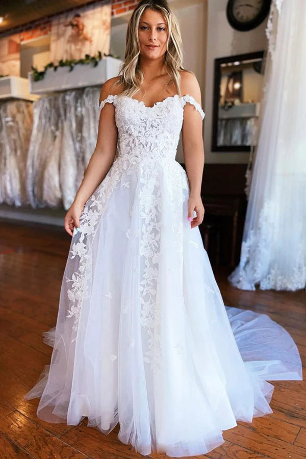 White Tulle Lace Long Prom Dress A-Line Formal Evening Dress