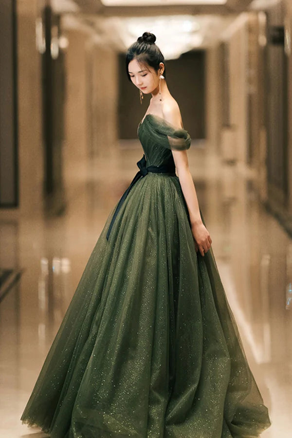 Green Tulle Long Prom Dress Off the Shoulder A-Line Evening Party Dress
