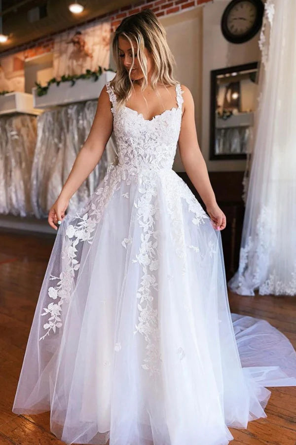 White Tulle Lace Long Prom Dress A-Line Formal Evening Dress