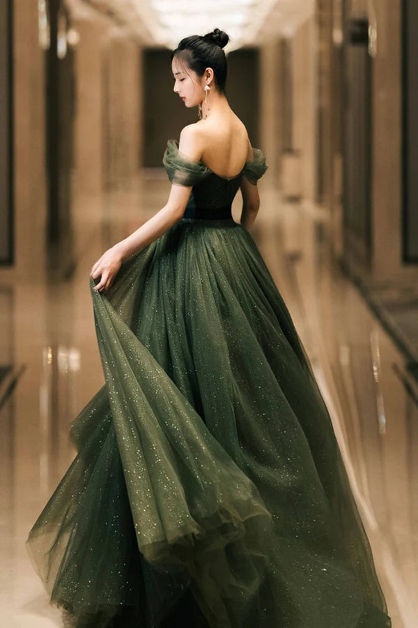 Green Tulle Long Prom Dress Off the Shoulder A-Line Evening Party Dress