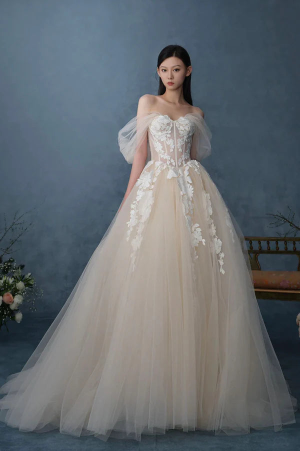 Off the Shoulder Lace Long Champagne Prom Dress Lace Evening Formal Gown