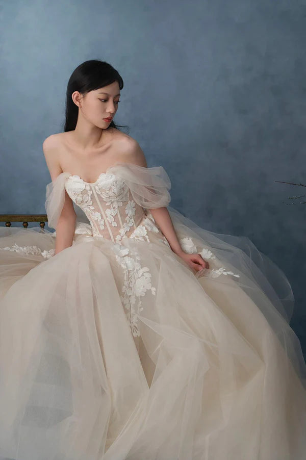 Off the Shoulder Lace Long Champagne Prom Dress Lace Evening Formal Gown