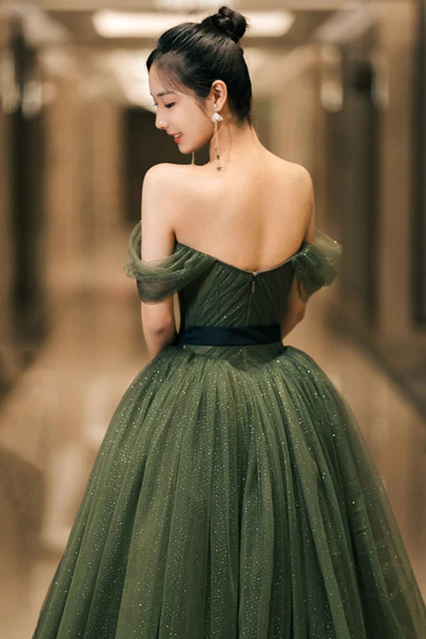 Green Tulle Long Prom Dress Off the Shoulder A-Line Evening Party Dress