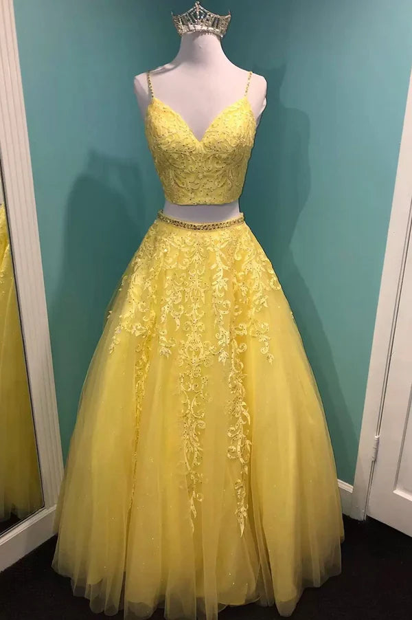 Yellow V-Neck Lace Long Prom Dress Two Pieces Evening Graduation Dress