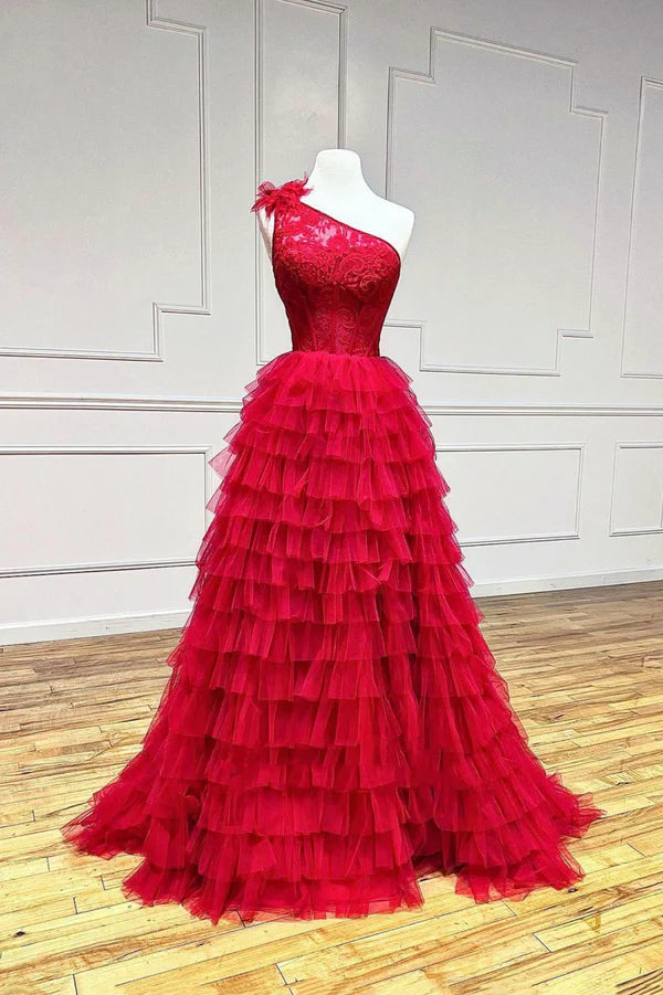 Red One Shoulder Tulle Layers Long Prom Dress with Lace A-Line Evening Party Dress