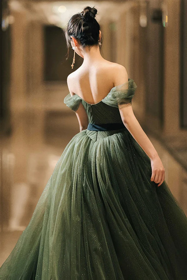 Green Tulle Long Prom Dress Off the Shoulder A-Line Evening Party Dress