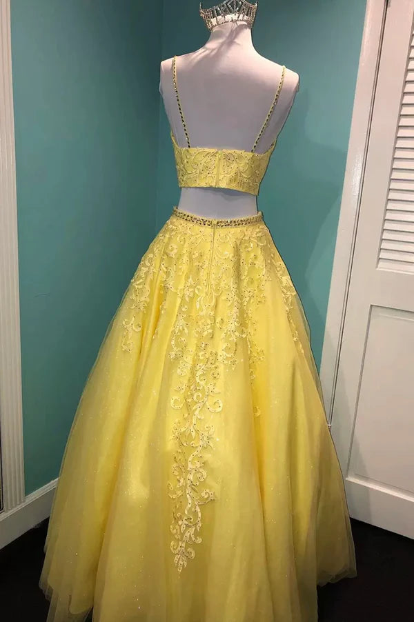 Yellow V-Neck Lace Long Prom Dress Two Pieces Evening Graduation Dress