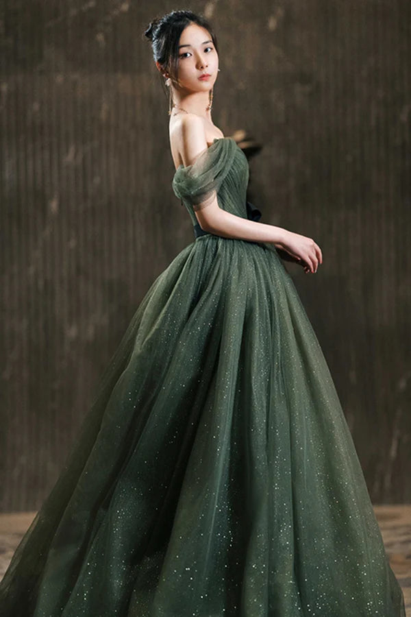 Green Tulle Long Prom Dress Off the Shoulder A-Line Evening Party Dress