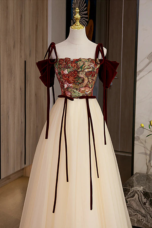 Elegant Tulle Embroidery Long Evening Dress Cute Off the Shoulder Party Dress