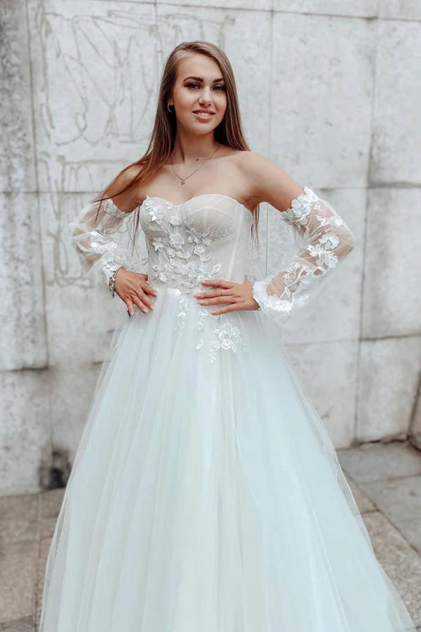 White Lace Long Sleeve Prom Dress A-Line Off the Shoulder Formal Dress