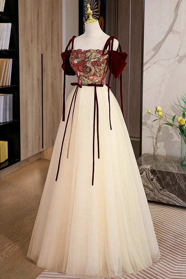 Elegant Tulle Embroidery Long Evening Dress Cute Off the Shoulder Party Dress