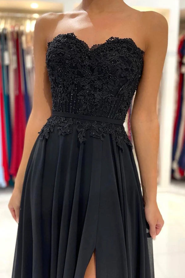 Black Chiffon Lace Long Prom Dress A-Line Strapless Evening Party Dress
