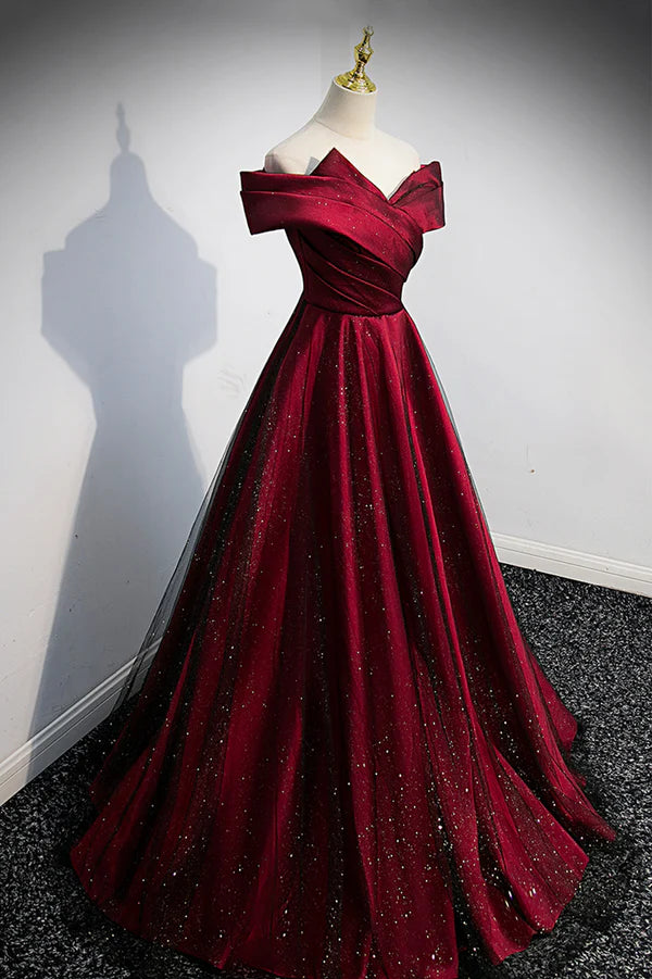 Burgundy Satin Off the Shoulder Prom Dress A-Line Evening Graduation Dress