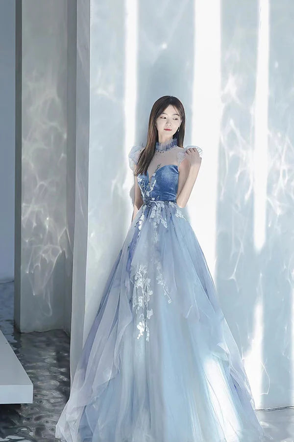 Blue Tulle Long A-Line Prom Dress with Lace Lovely Evening Party Dress