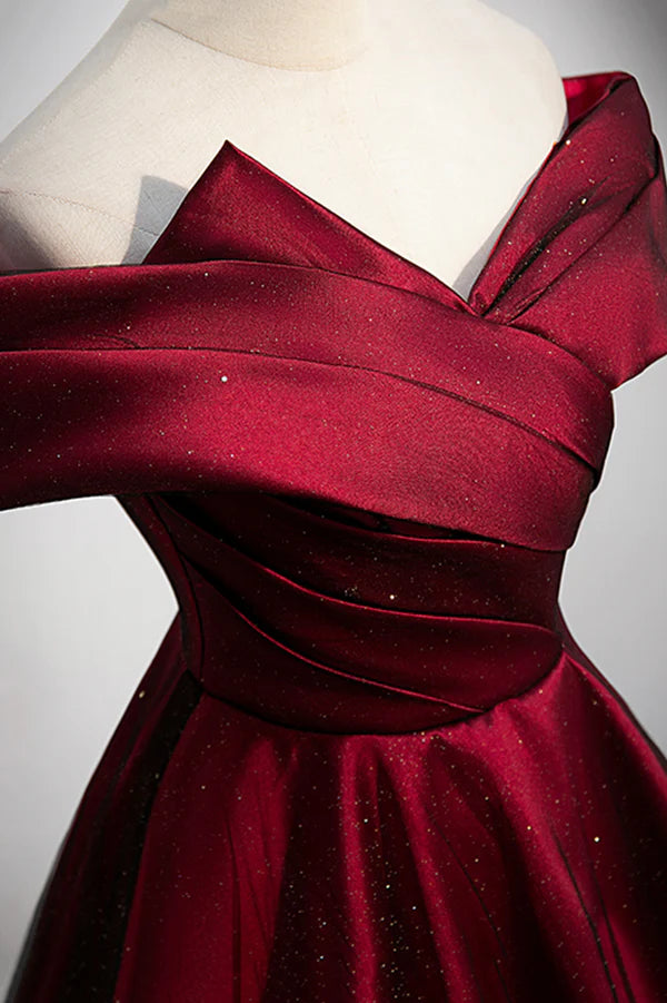 Burgundy Satin Off the Shoulder Prom Dress A-Line Evening Graduation Dress