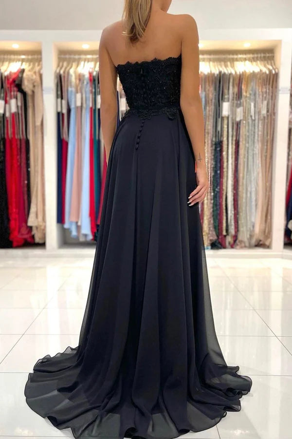 Black Chiffon Lace Long Prom Dress A-Line Strapless Evening Party Dress