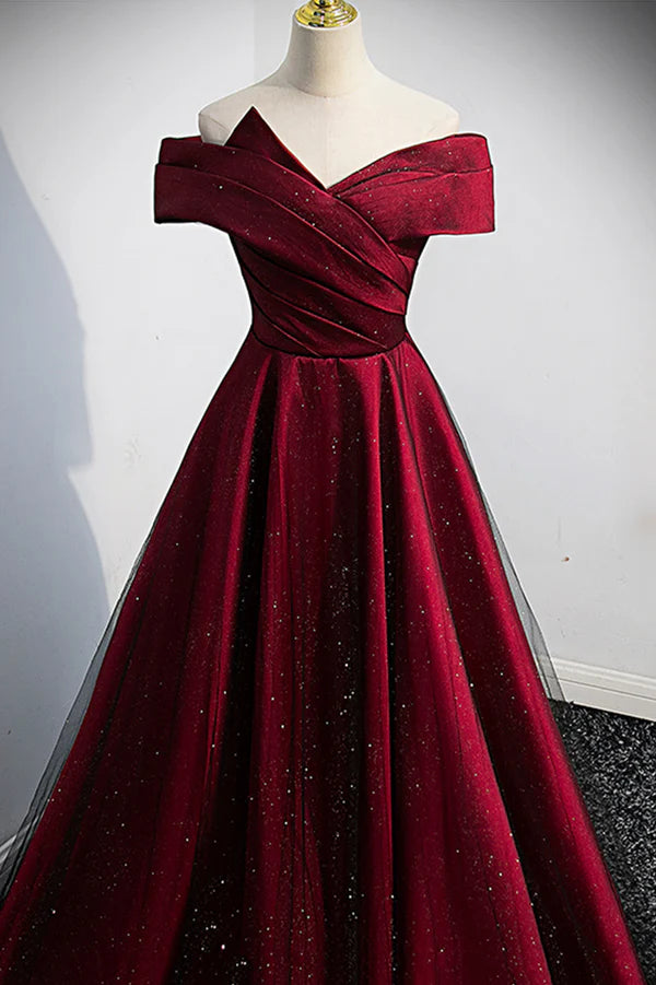 Burgundy Satin Off the Shoulder Prom Dress A-Line Evening Graduation Dress