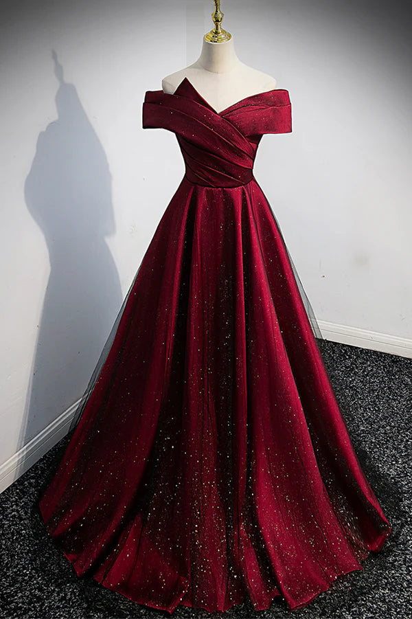 Burgundy Satin Off the Shoulder Prom Dress A-Line Evening Graduation Dress