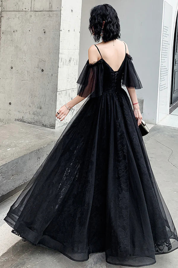 Black Lace Long A-Line Prom Dress Black Off the Shoulder Evening Dress