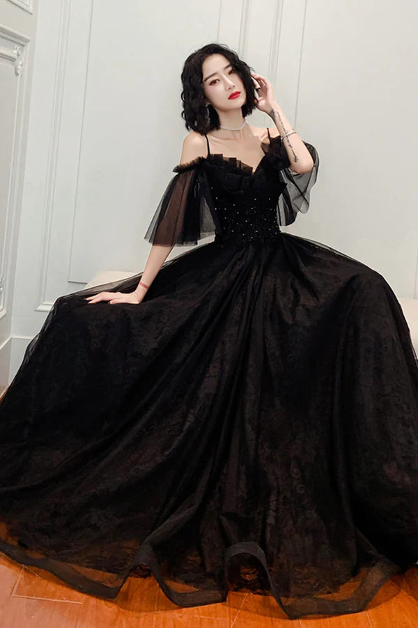 Black Lace Long A-Line Prom Dress Black Off the Shoulder Evening Dress