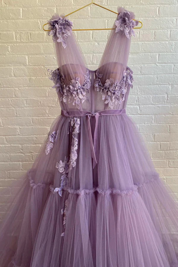 Purple Lace Long Prom Dress A-Line Purple Evening Graduation Dress