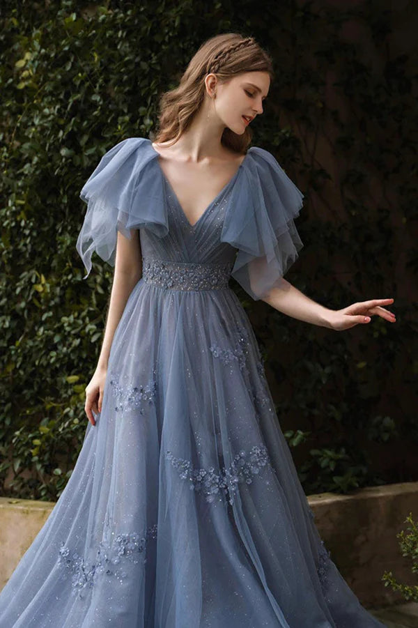 Blue Tulle Long A-Line Prom Dress Cute V-Neck Evening Party Dress
