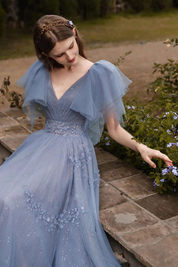 Blue Tulle Long A-Line Prom Dress Cute V-Neck Evening Party Dress