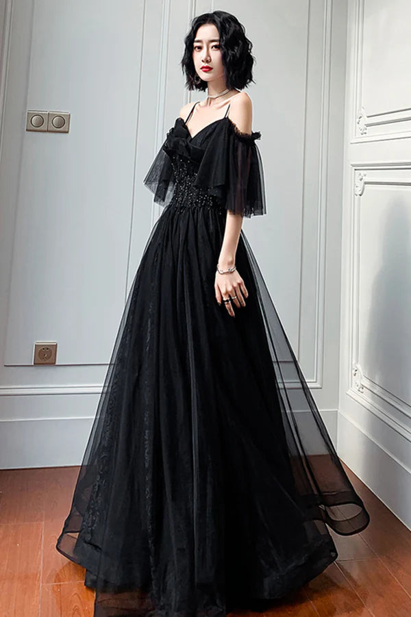 Black Lace Long A-Line Prom Dress Black Off the Shoulder Evening Dress