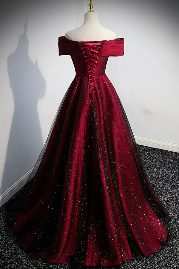 Burgundy Satin Off the Shoulder Prom Dress A-Line Evening Graduation Dress