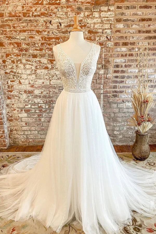 White Tulle Lace Long Prom Dress A-Line V-Neck Formal Evening Dress