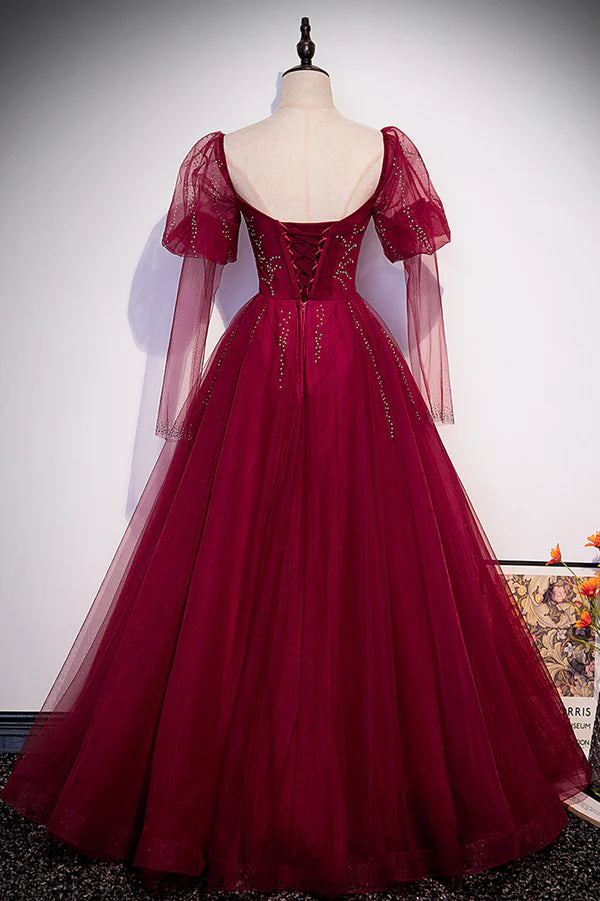 Burgundy Tulle Beaded Long Sleeve Prom Dress A-Line Evening Graduation Dress