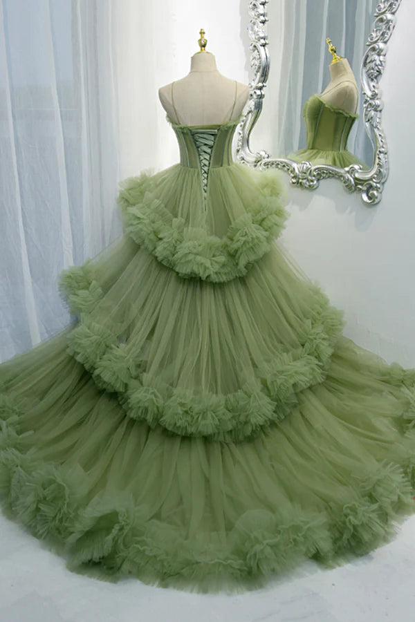Green Spaghetti Straps Tulle Layers Long Formal Dress Green Evening Party Dress