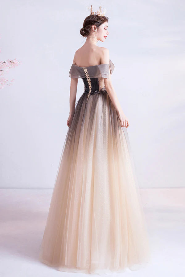 A-Line Gradient Tulle Long Prom Dress Off the Shoulder Evening Dress