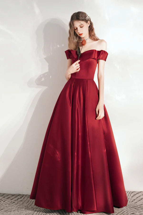 Burgundy Satin Long A-Line Prom Dress Cute Off the Shoulder Evening Dress