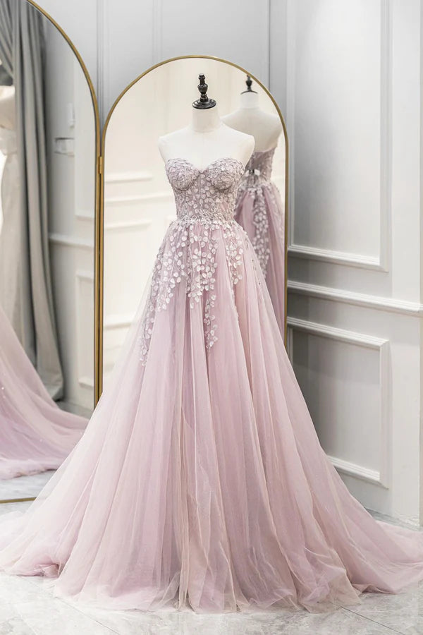 Pink Tulle Sweetheart Long Party Dress Beautiful A-Line Prom Dress