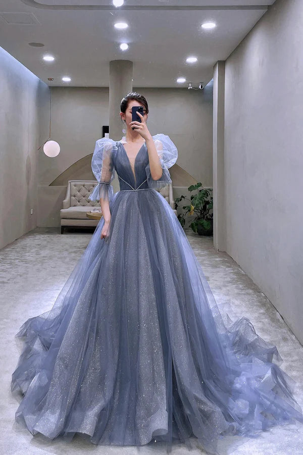 Blue Tulle Long A-Line Prom Dress Cute Puff Sleeve Formal Evening Dress