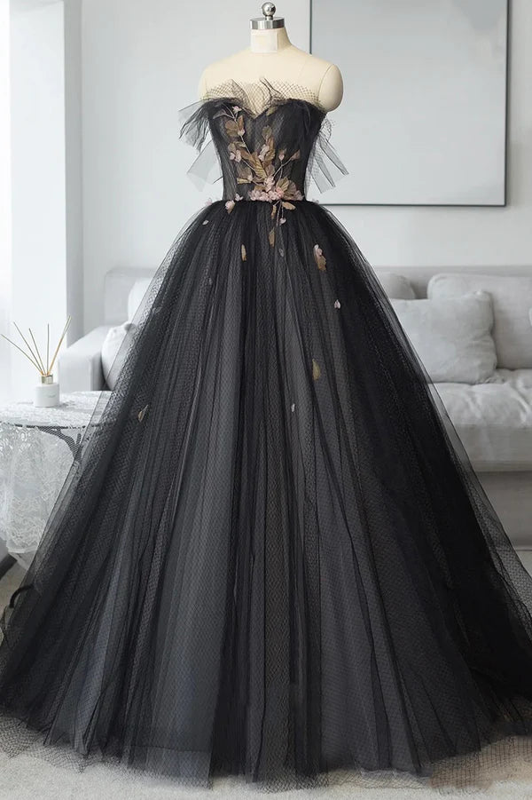 Black Tulle Long Prom Dress Black A-Line Strapless Evening Dress