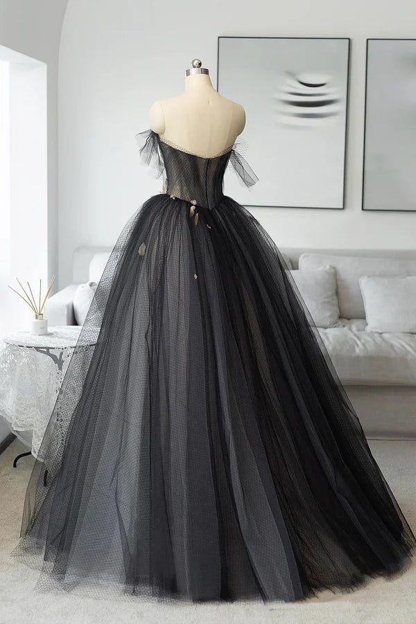 Black Tulle Long Prom Dress Black A-Line Strapless Evening Dress