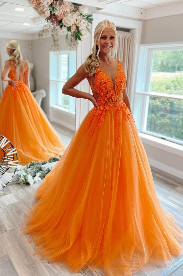 Orange V-Neck Tulle Lace Long Prom Dress A-Line Graduation Party Dress