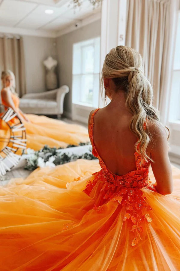 Orange V-Neck Tulle Lace Long Prom Dress A-Line Graduation Party Dress