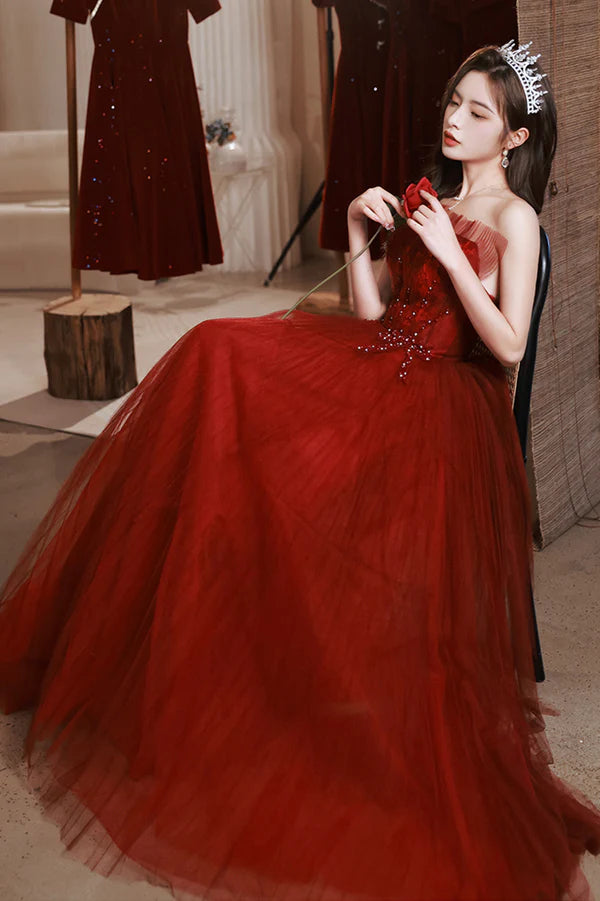 Burgundy Tulle Long Prom Dress with Lace A-Line Strapless Evening Dress