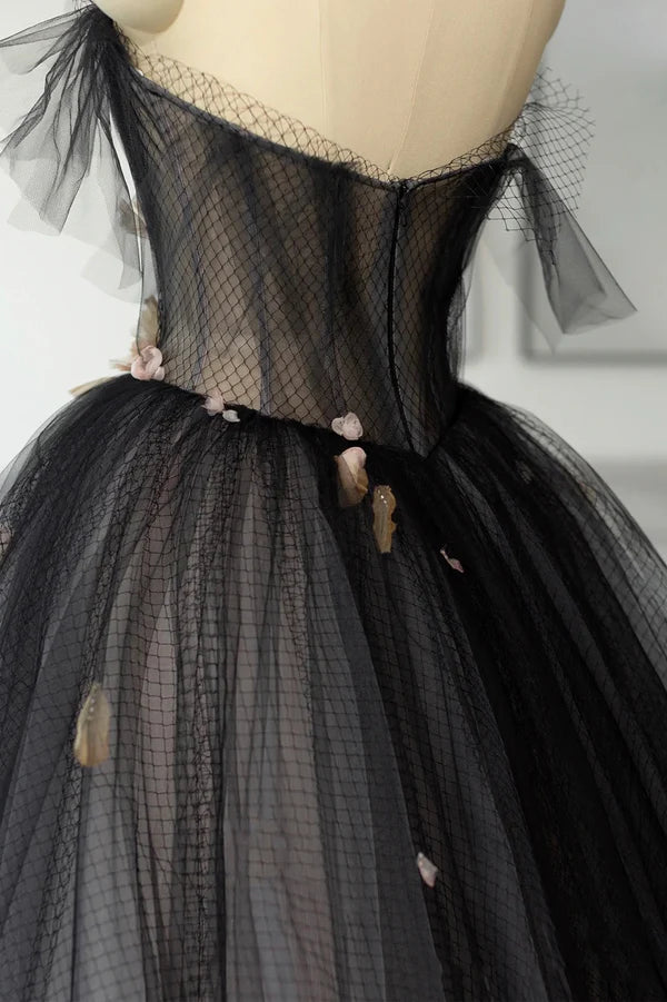 Black Tulle Long Prom Dress Black A-Line Strapless Evening Dress