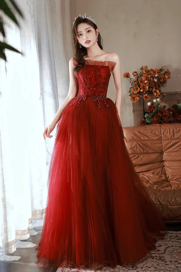 Burgundy Tulle Long Prom Dress with Lace A-Line Strapless Evening Dress