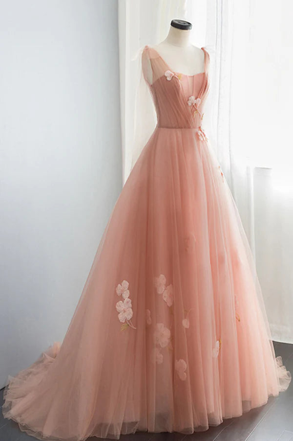 Pink Tulle Long A-Line Prom Dress Cute Graduation Dress