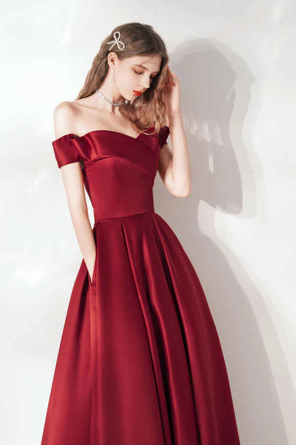 Burgundy Satin Long A-Line Prom Dress Cute Off the Shoulder Evening Dress
