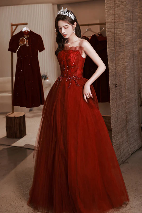 Burgundy Tulle Long Prom Dress with Lace A-Line Strapless Evening Dress
