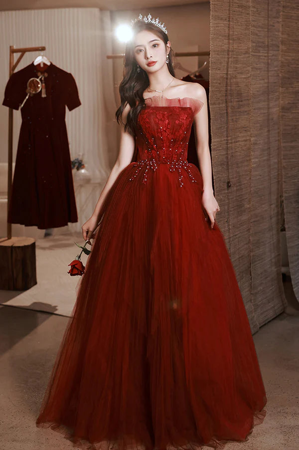 Burgundy Tulle Long Prom Dress with Lace A-Line Strapless Evening Dress