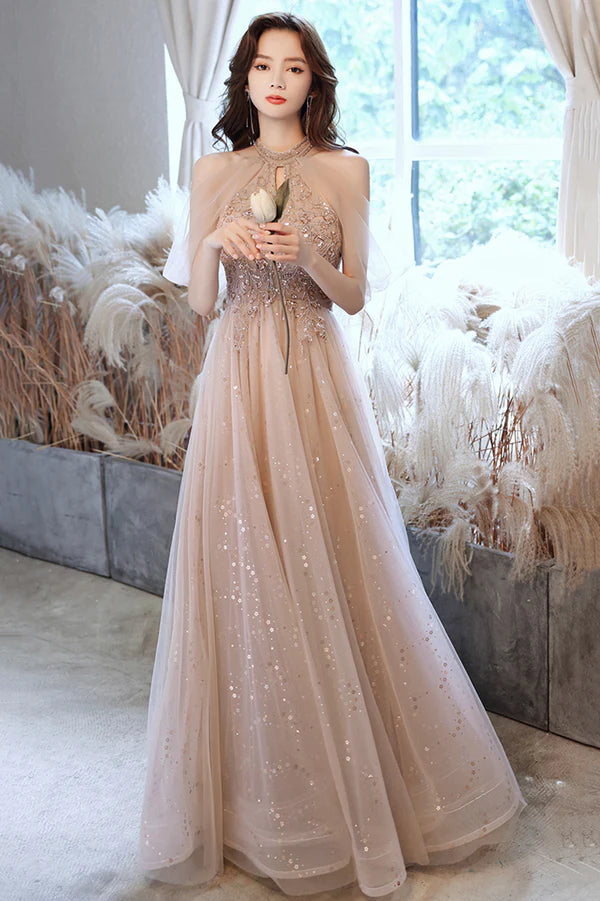 A-Line Tulle Long Prom Dress with Beaded Off the Shoulder Evening Party Dress